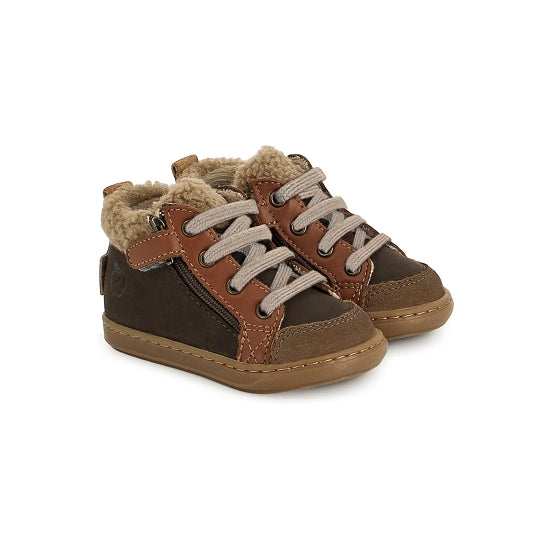 SHOO POM BOUBA ZIP WOOL Terra Chocolat chaussures hautes enfant fourrées marron camel lacets zip