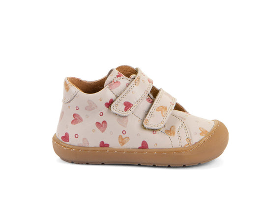 Bottillons premiers pas bébé Froddo G2130328 Nude en cuir à petits cœurs et double scratch