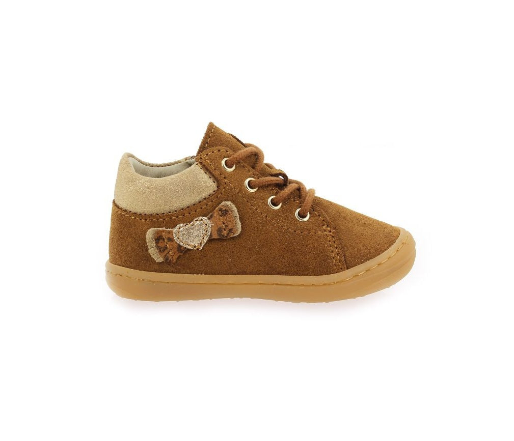 BELLAMY DAISY Flex Camel bottillons enfant cuir velours camel souples zip nœud cœur pailleté
