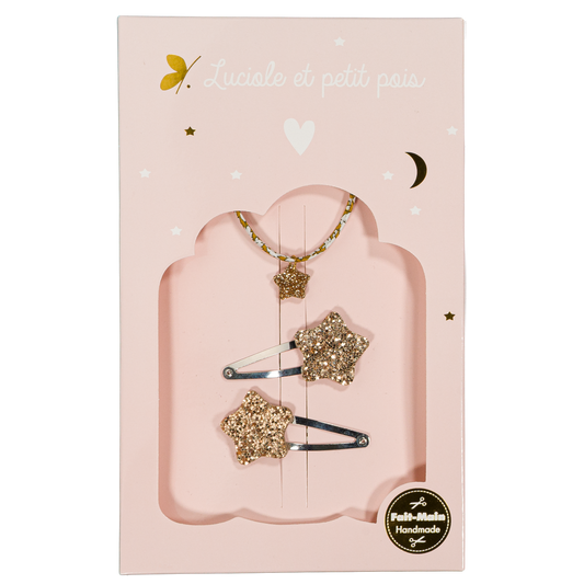 LUCIOLE ET PETITS POIS Coffret Bubble star - Barrettes Bubble star & bracelet Feather Meadow (étoile)