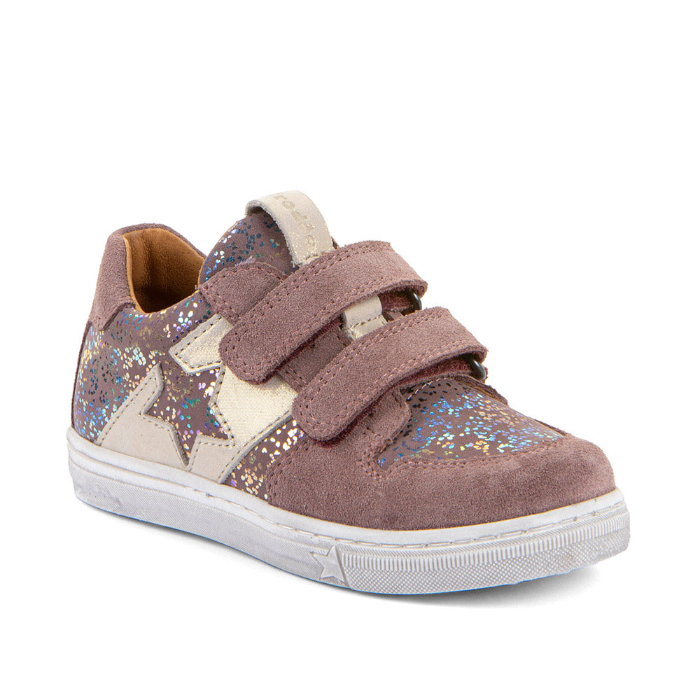 Baskets fille Froddo G2130378 Pink Shine en cuir rose irisé à double scratch et motif étoile
