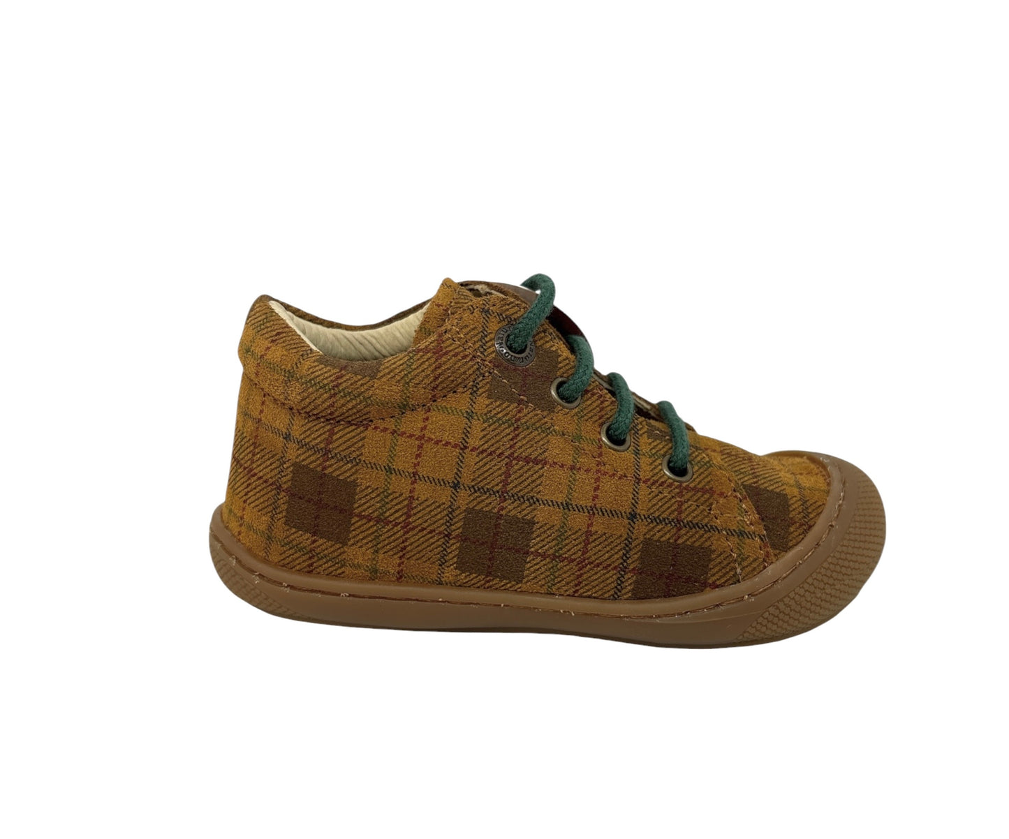 NATURINO COCOON Tartan Nocciola chaussures premiers pas bébé motif tartan noisette lacets verts