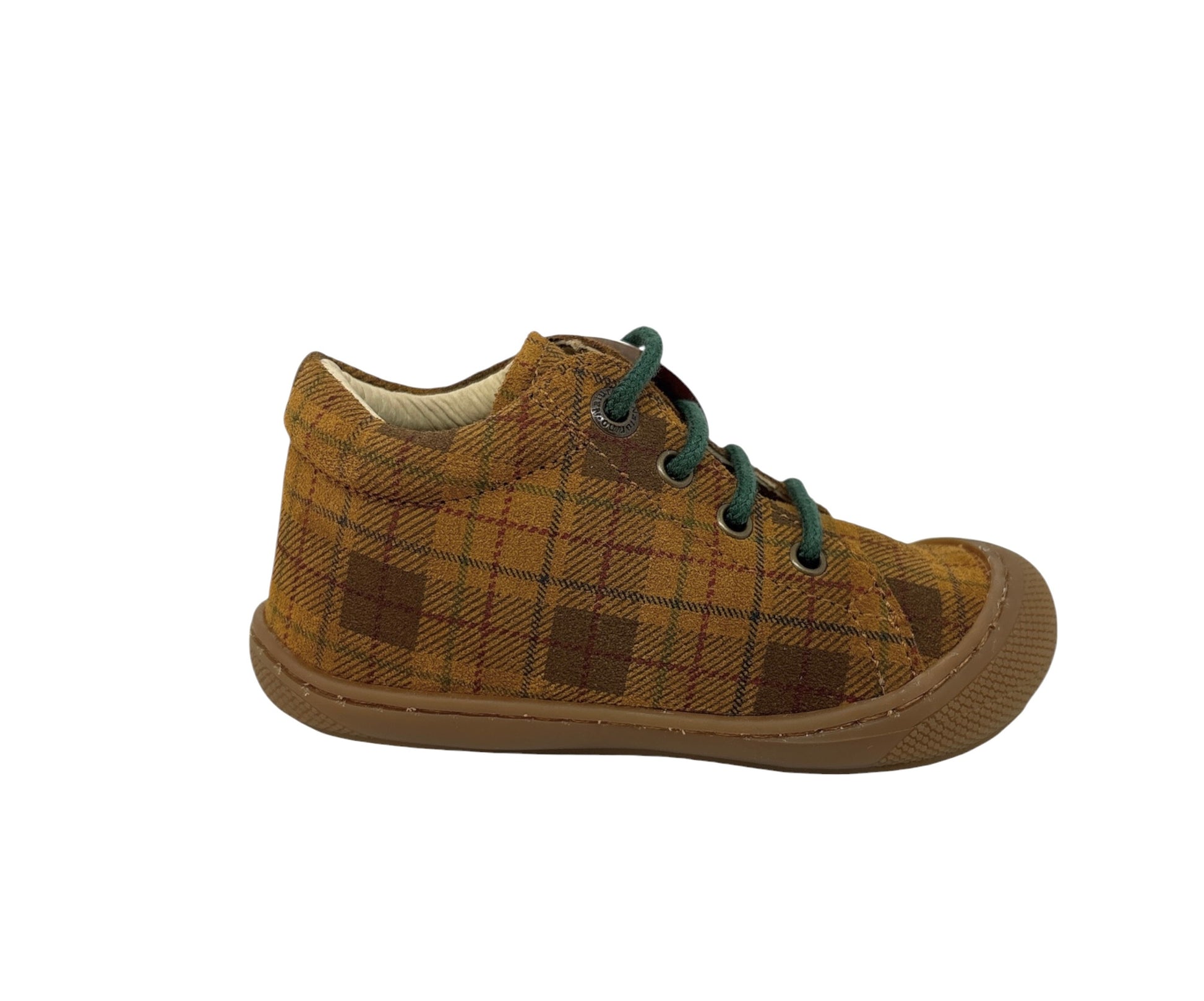 NATURINO COCOON Tartan Nocciola chaussures premiers pas bébé motif tartan noisette lacets verts