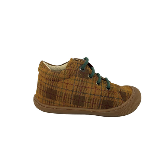 NATURINO COCOON Tartan Nocciola chaussures premiers pas bébé motif tartan noisette lacets verts