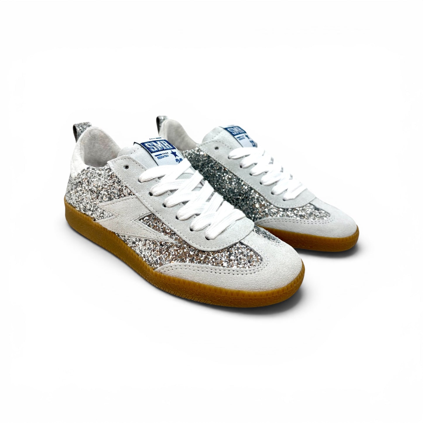SMR Semerdjian KAYLA Glitter Platinum Silver Sneakers Baskets adulte