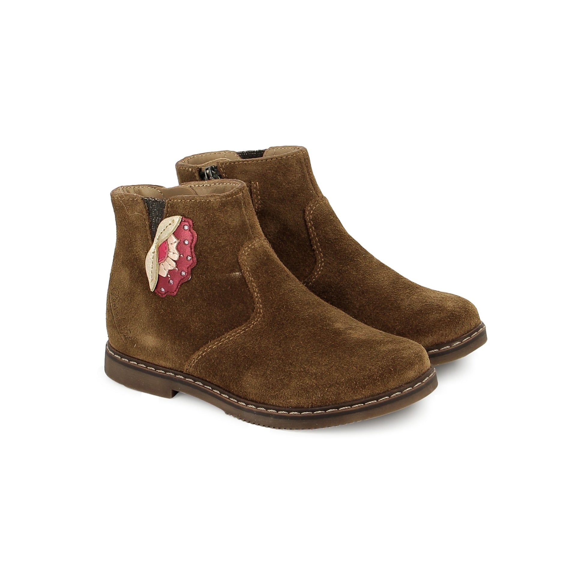 POM D’API CITY PEONY Velours Oily Cappuccino bottines fille cuir velours marron détail floral