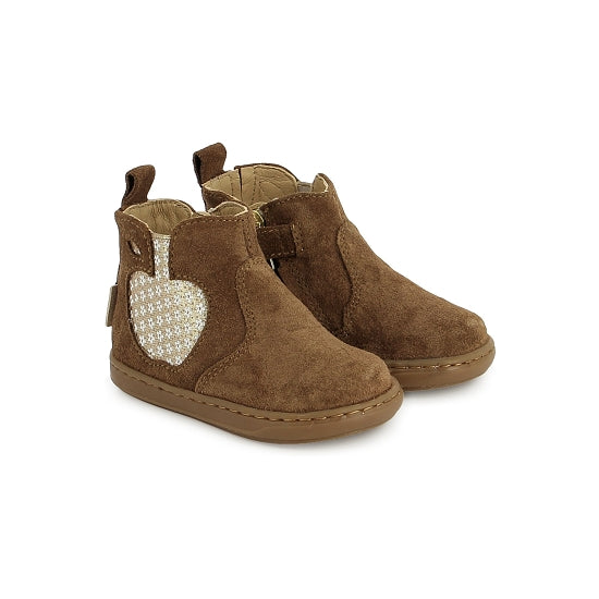 Bottines enfant SHOO POM Bouba Apple Camel en cuir velours avec pomme décorative