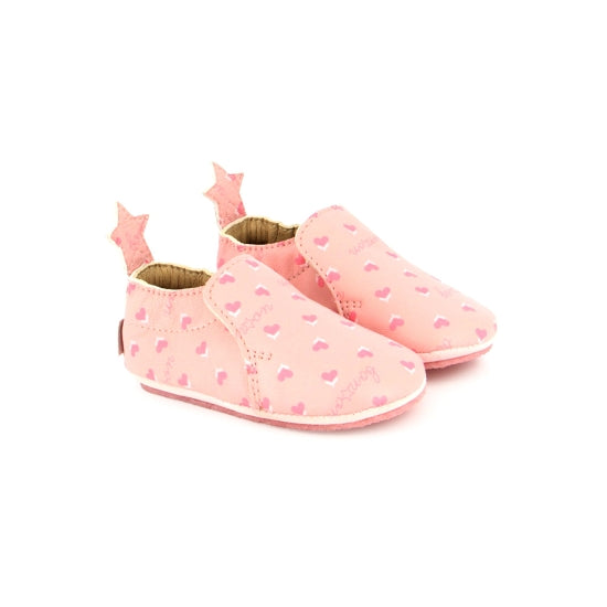 BONTON DOUDOU STAR Pink Print chaussons bébé cuir souple rose à petits cœurs