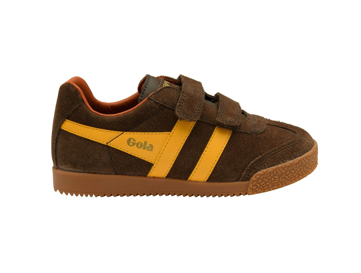 GOLA HARRIER STRAP Dark Brown Sun baskets enfant marron jaune double scratch semelle gomme