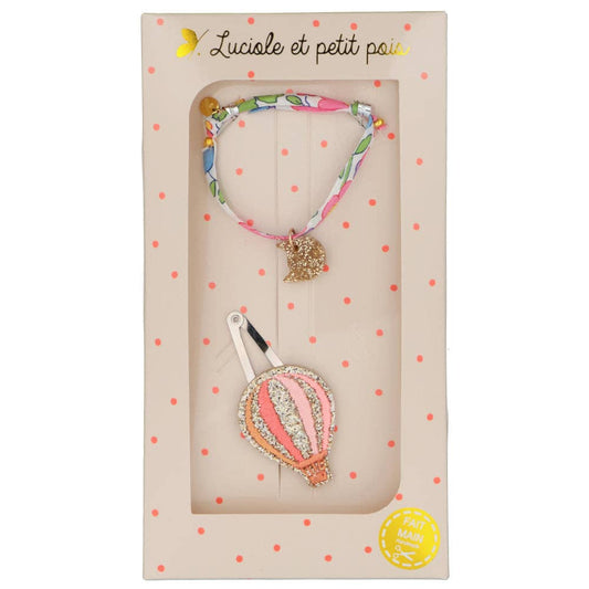 Coffret cadeau - Barrette montgolfière rose & Bracelet Betsy fuchsia